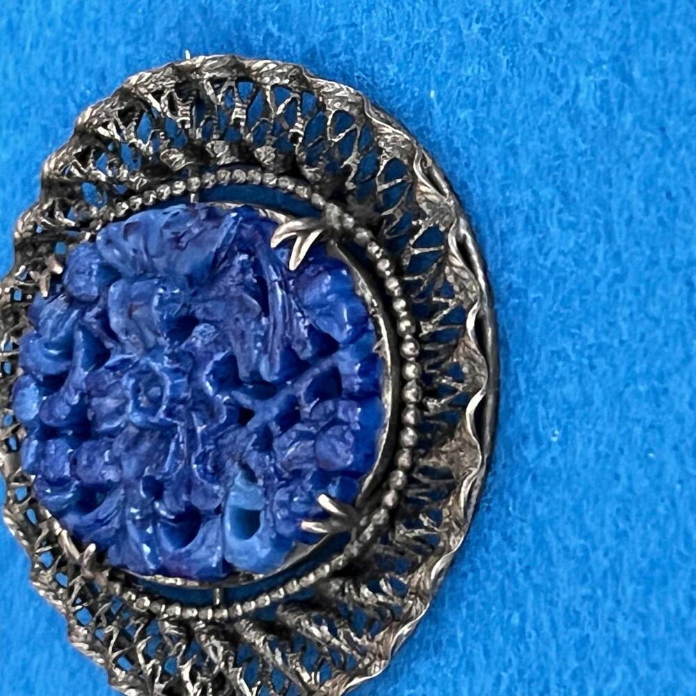1960s Peking Blue Glass Japanned Oval Brooch - Picture 3 of 6